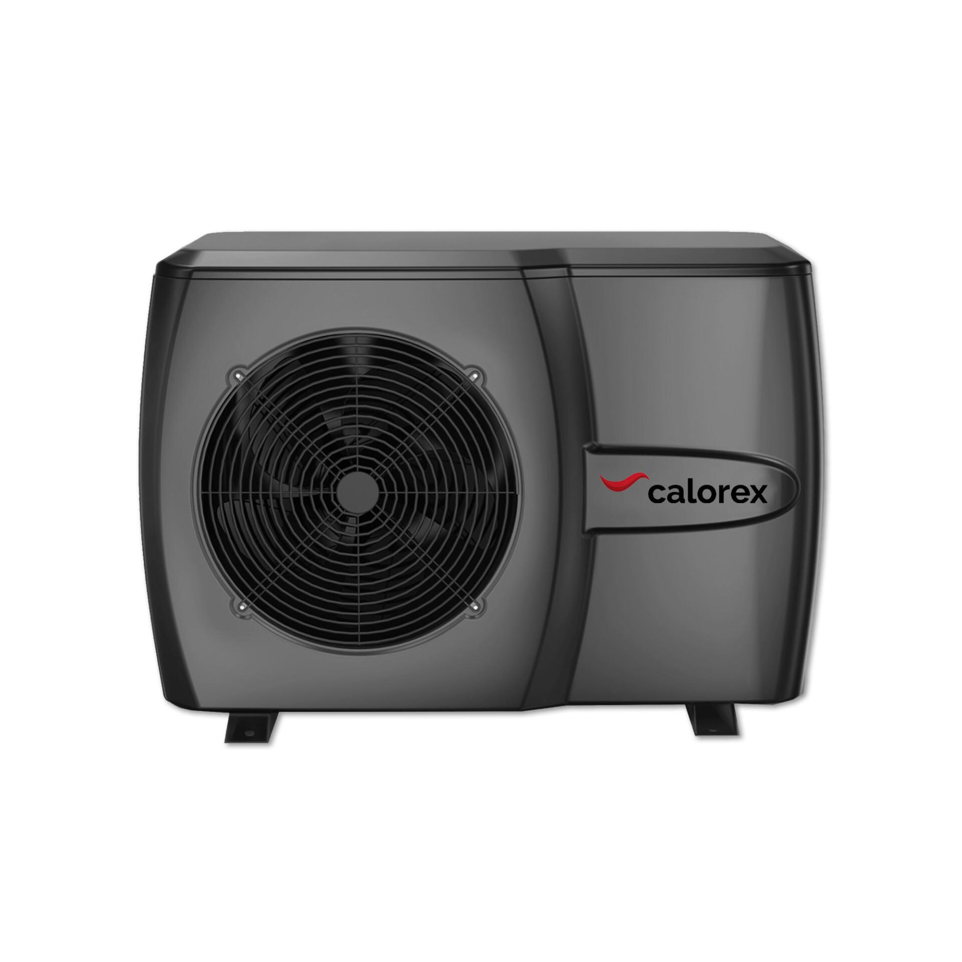 Calorex Schwimmbad Wärmepumpe C-PAC 20BLY: Graue Pool-Wärmepumpe mit Lüftergitter und Calorex-Logo, ideal für effiziente Poolheizung.