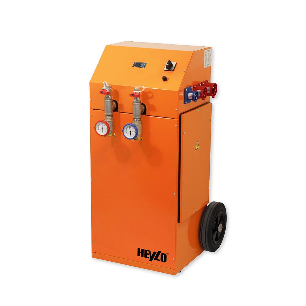 Elektro-Warmwasserheizung EW-18 von Heylo: Orangefarbene, mobile Heizung mit Manometern, Schaltern und Rädern. Ideal für Baustellen und Notfälle.