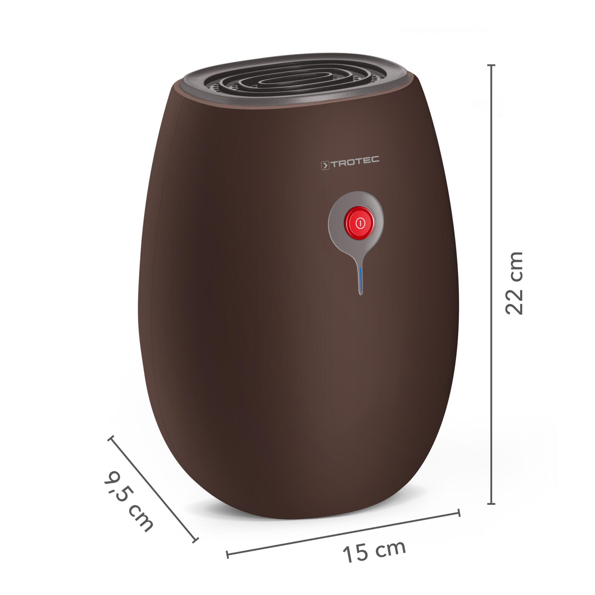 Peltier Luftentfeuchter TTP 1 E von Trotec: Kompakter, brauner Luftentfeuchter für kleine Räume, ideal zur Reduzierung der Luftfeuchtigkeit.