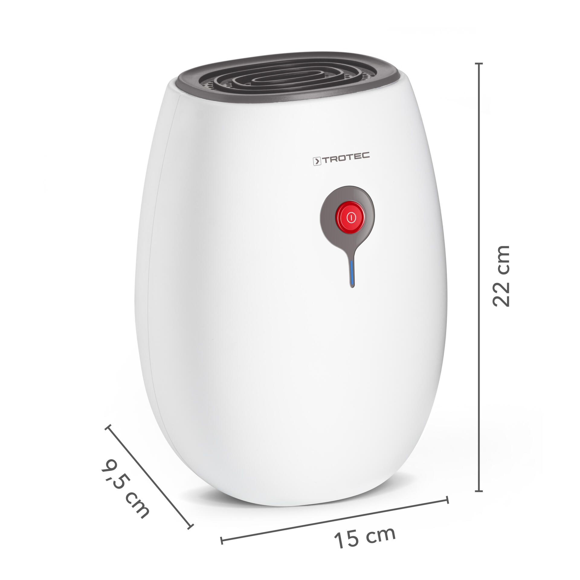 Trotec TTP 2 E Peltier-Luftentfeuchter: Kompakter, weißer Luftentfeuchter mit Maßangaben für Höhe, Breite und Tiefe. Ideal gegen Feuchtigkeit.