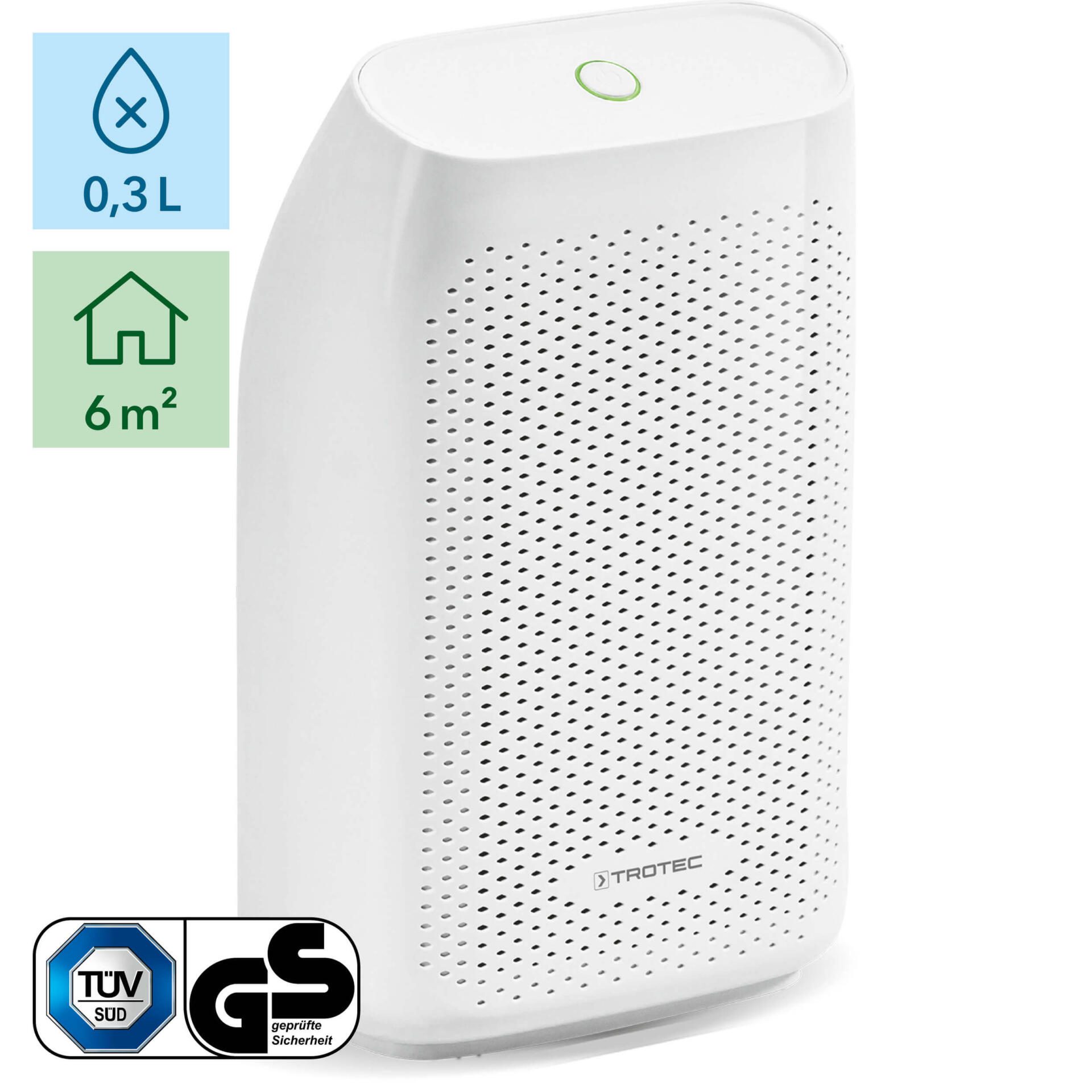 Trotec Peltier-Luftentfeuchter TTP 5 E: Kompakter, weißer Raumentfeuchter für kleine Räume bis 6 m². Ideal gegen Feuchtigkeit, 0,3L Tank.