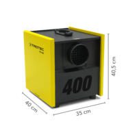 Trotec TTR 400 Adsorptionsluftentfeuchter: Gelb-schwarzes Gerät mit Maßangaben (40x35x40,5 cm). Ideal für effiziente Luftentfeuchtung.