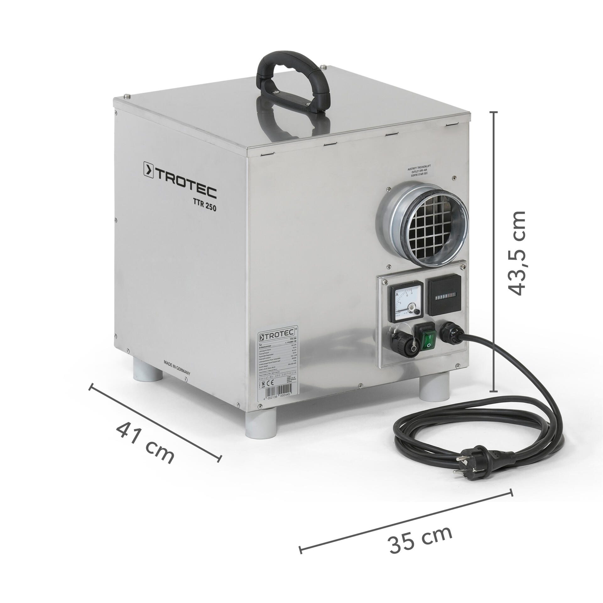 Adsorptionstrockner TTR 250 von Trotec: Kompaktes Gerät zur Luftentfeuchtung mit Maßangaben, ideal für Bau- und Wasserschadensanierung. Leise und effizient.