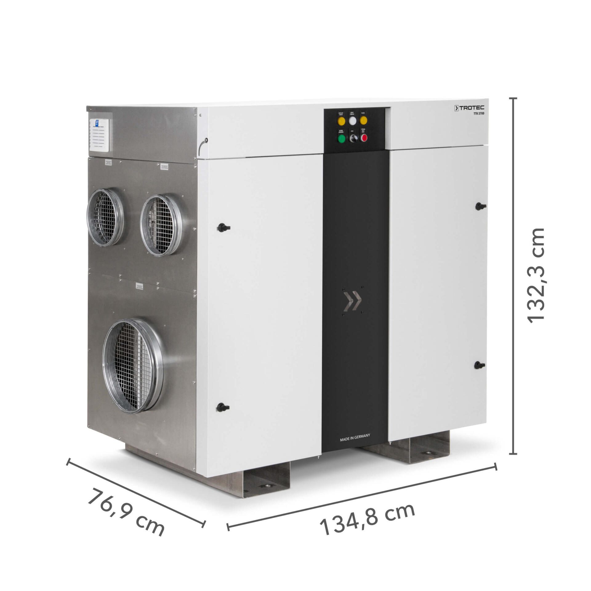 TTR 3700 Adsorptionstrockner: Industrieller Luftentfeuchter von Trotec mit Maßen 76,9cm x 134,8cm x 132,3cm. Effiziente Trocknungslösung.