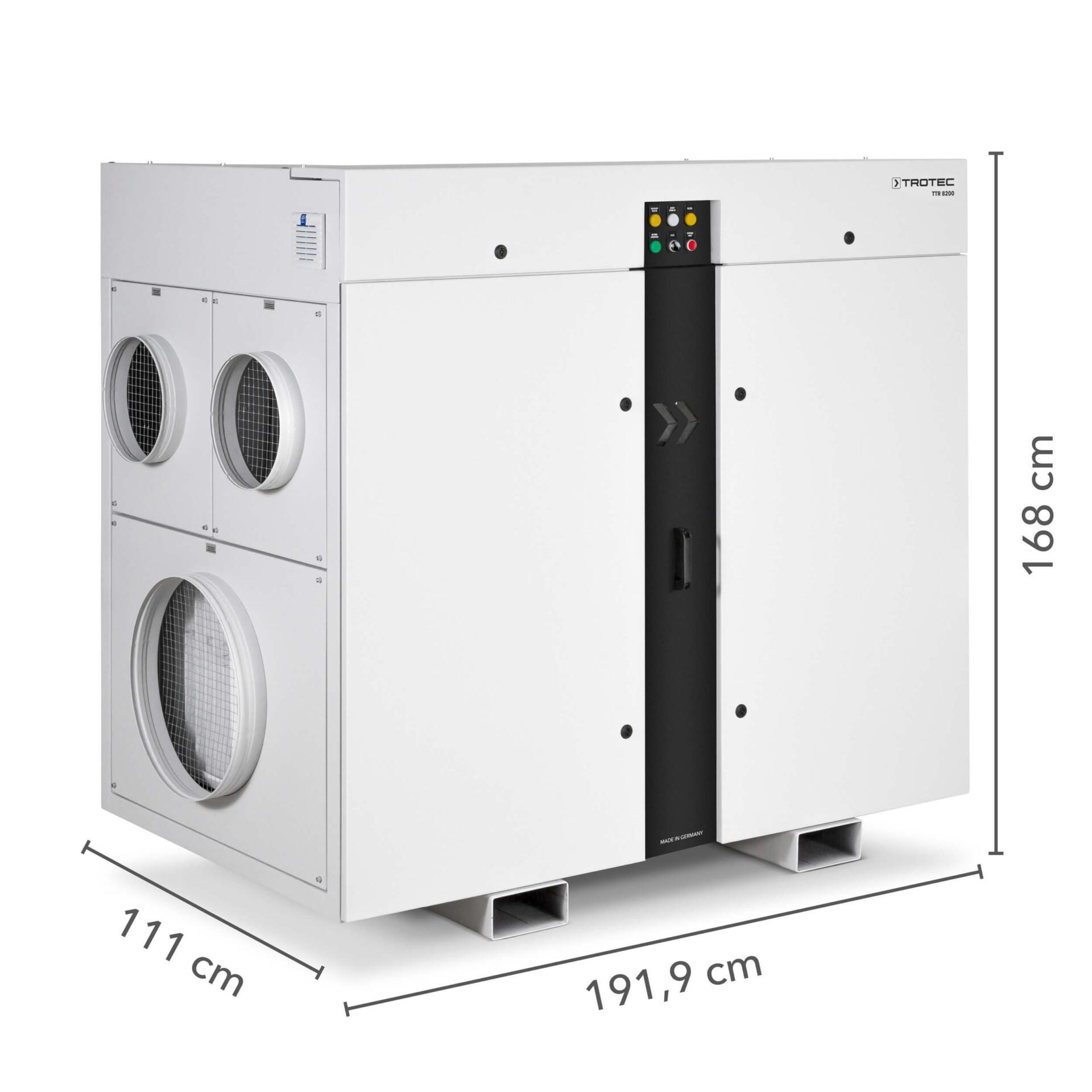 Adsorptionstrockner TTR 8200: Professionelles Entfeuchtungsgerät mit Maßen (111x191,9x168 cm) für Industrie und Gewerbe, hier in der Studioansicht.