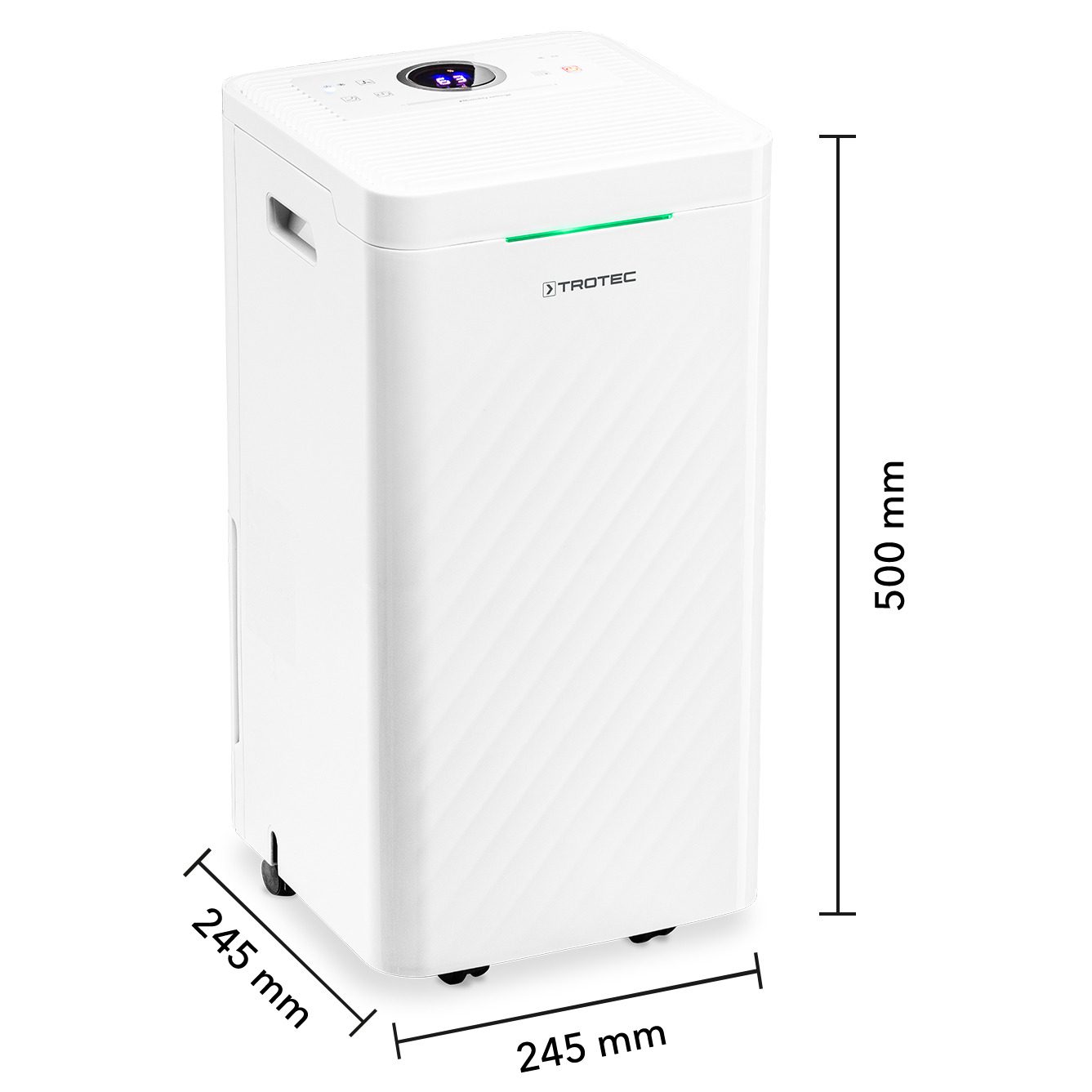 Design Luftentfeuchter und Luftreiniger TTK 27 HEPA Ansicht. Kompaktes, weißes Gerät mit Maßangaben für Höhe und Grundfläche.