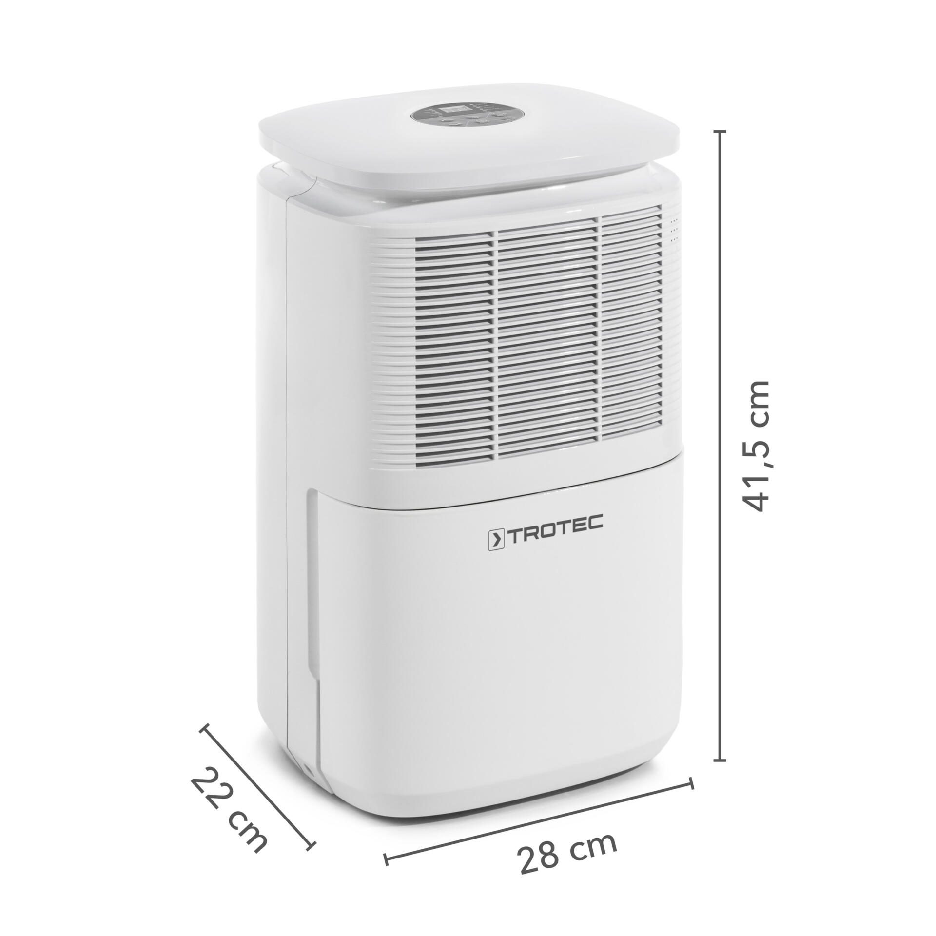 Weißer Trotec Luftentfeuchter TTK 30 E mit Maßangaben 41,5 cm Höhe, 28 cm Breite und 22 cm Tiefe. Ideal zur Raumentfeuchtung.
