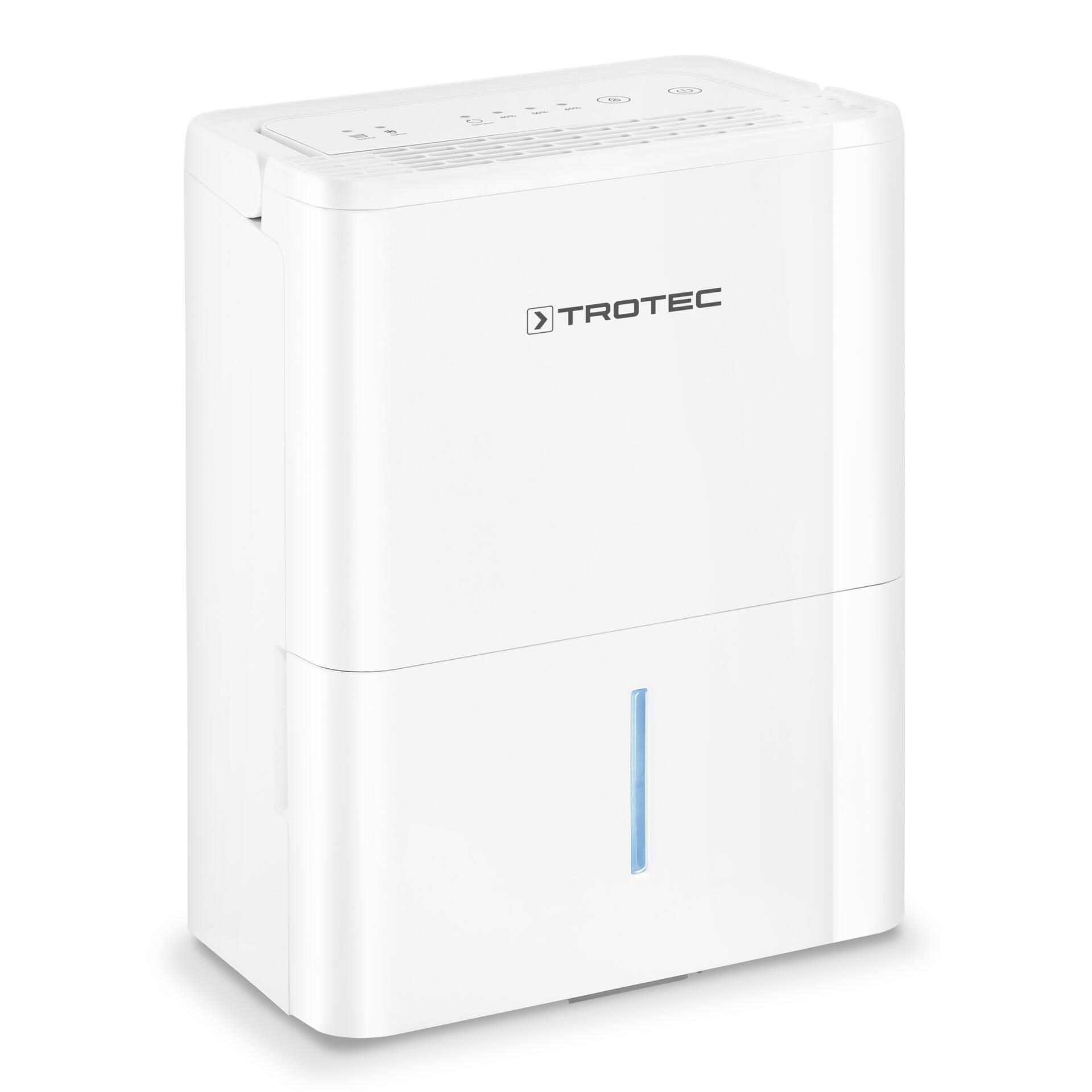 Weißer Luftentfeuchter TTK 32 E von Trotec. Ideal zur Reduzierung der Luftfeuchtigkeit und Schimmelprävention. Kompaktes Design, einfach zu nutzen.