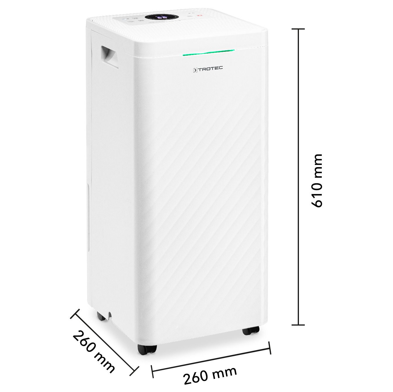 Design Luftentfeuchter und Luftreiniger TTK 64 HEPA in Weiß. Abmessungen: 610 mm Höhe, 260 mm Breite. Ideal für saubere Luft.