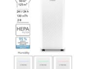 Design Luftentfeuchter und Luftreiniger TTK 64 HEPA. Das Gerät ist weiß und hat ein HEPA Filter. Es entfernt 95% der luftgetragenen Allergene.