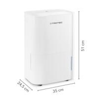 Weißer Luftentfeuchter TTK 66 E von Trotec mit Maßangaben. Ideal zur Reduzierung der Luftfeuchtigkeit und Schimmelprävention. Kompaktes Design.