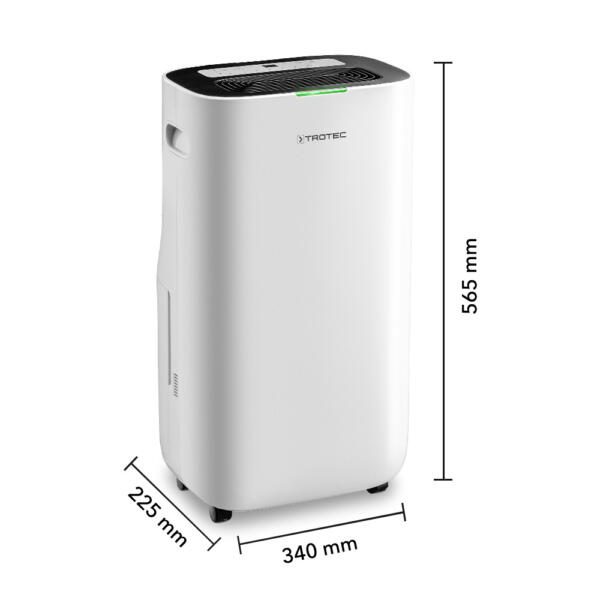 TTK 70 HEPA Plus Luftentfeuchter und Luftreiniger: Detailansicht mit Maßangaben (Höhe 565mm, Breite 340mm, Tiefe 225mm). Ideal für saubere Luft.