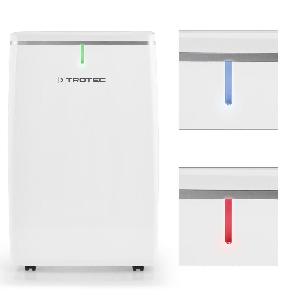 Weißer Trotec Luftentfeuchter TTK 72 E mit LED-Anzeige (Betrieb, Tank voll). Ideal zur Reduzierung der Luftfeuchtigkeit in Räumen. Bild 2.