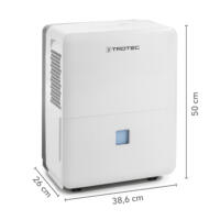 Weißer Trotec Luftentfeuchter TTK 96 E mit Maßangaben (50 cm Höhe, 26 cm Breite, 38,6 cm Tiefe). Ideal für feuchte Räume. Luftentfeuchter.