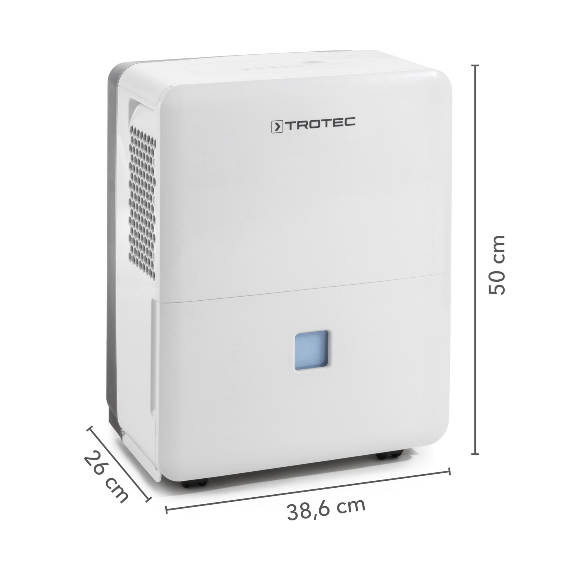 Weißer Trotec Luftentfeuchter TTK 96 E mit Maßangaben (50 cm Höhe, 26 cm Breite, 38,6 cm Tiefe). Ideal für feuchte Räume. Luftentfeuchter.