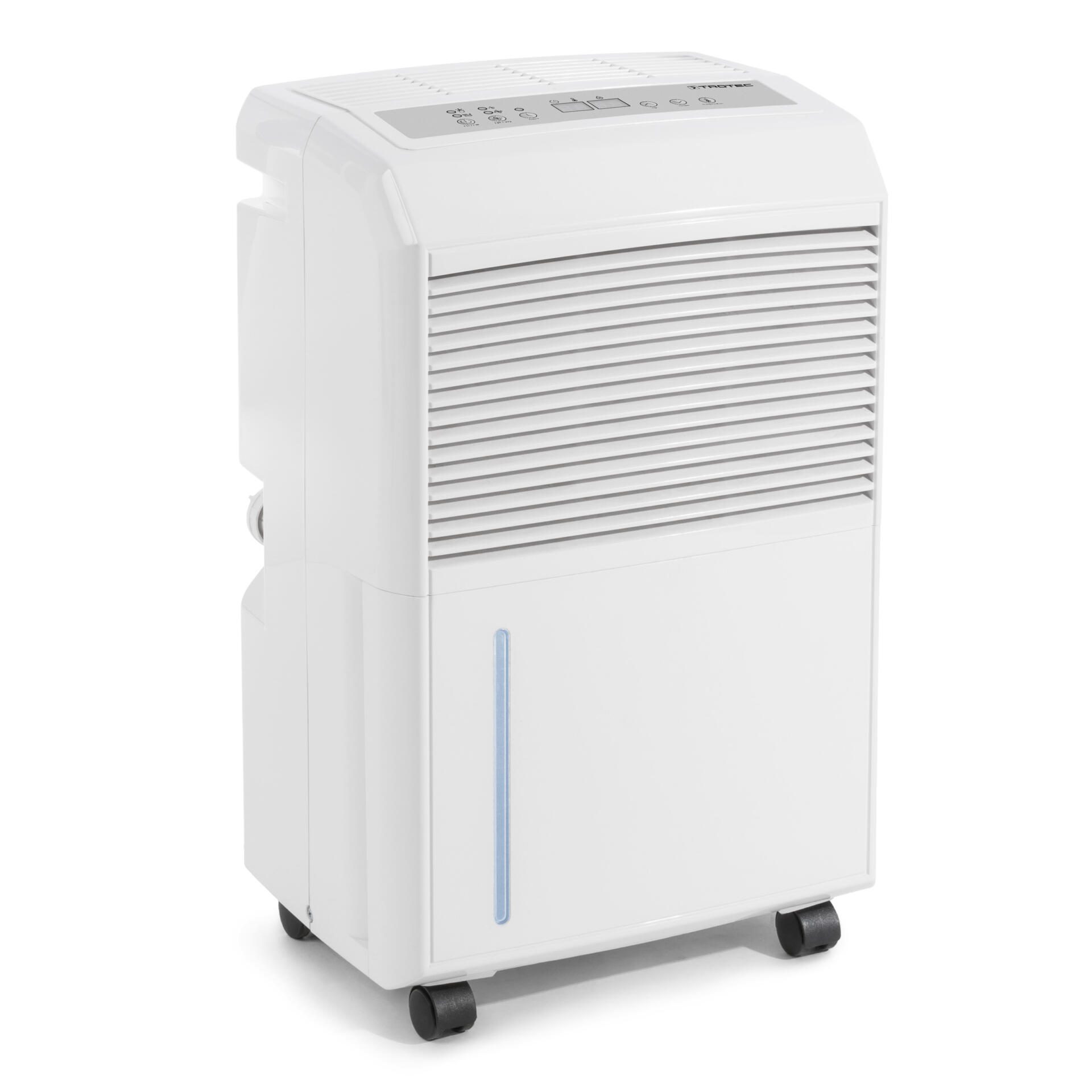 Weißer Luftentfeuchter TTK 90 E von Trotec. Ideal für feuchte Räume. Das Gerät hat Rollen, ein Display und einen transparenten Wasserstandsanzeiger.