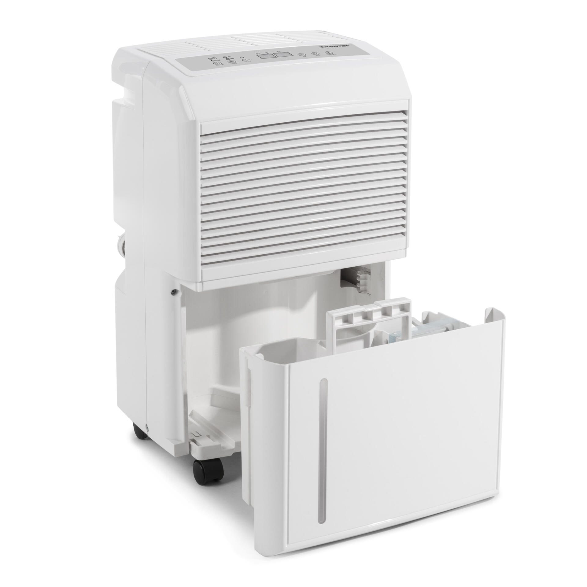 Weißer Luftentfeuchter TTK 90 E von Trotec mit entnommenem Wasserbehälter. Ideal zur Reduzierung der Luftfeuchtigkeit in Räumen.