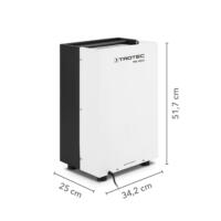 Detailansicht des Luftentfeuchters TTK 105 S mit Betriebsstundenzähler. Maße: 51,7 cm Höhe, 25 cm Breite, 34,2 cm Tiefe. Ideal für Feuchtigkeitskontrolle.