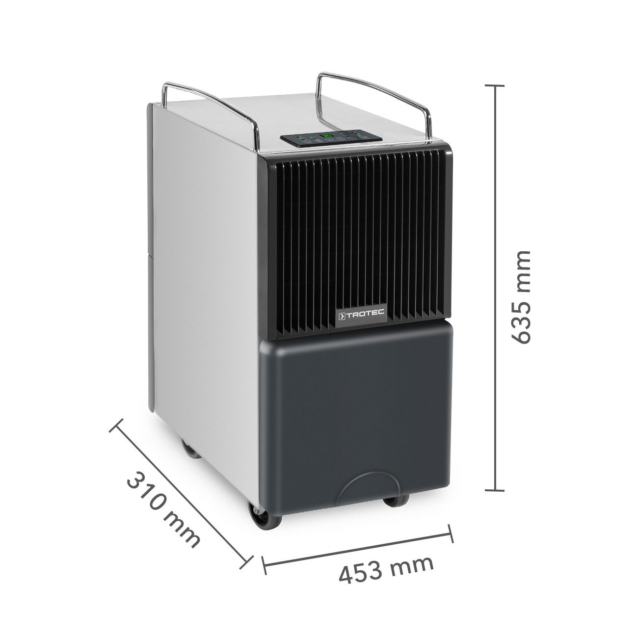 Trotec Luftentfeuchter TTK 122 E mit Heißgas-Abtauautomatik: Detailaufnahme des Geräts mit Maßangaben. Ideal für Neubautrocknung und Wasserschäden.