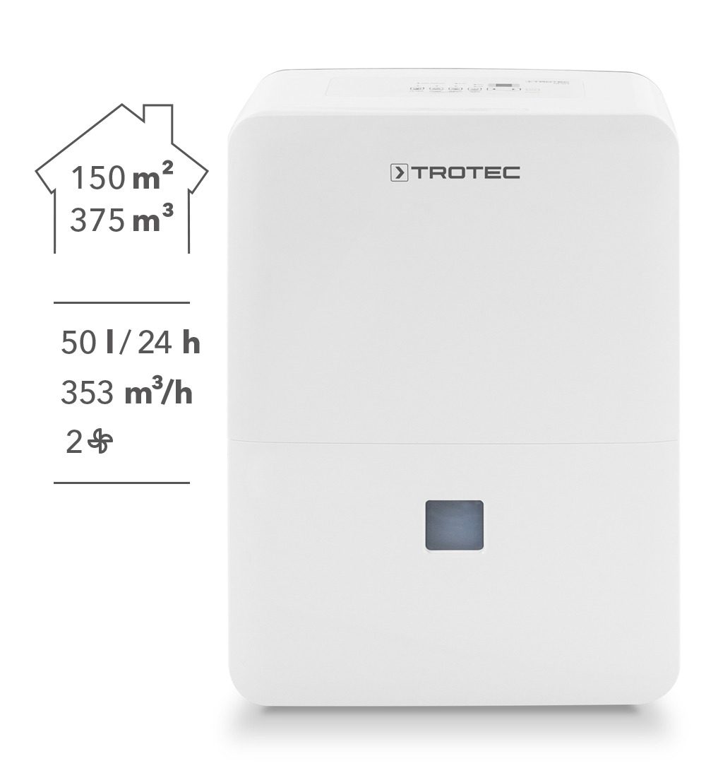 Luftentfeuchter TTK 127 E: Weißes Gerät mit TROTEC Logo. Ideal für Räume bis 150 m². Entfeuchtungsleistung: 50l/24h, Luftvolumen: 353 m³/h