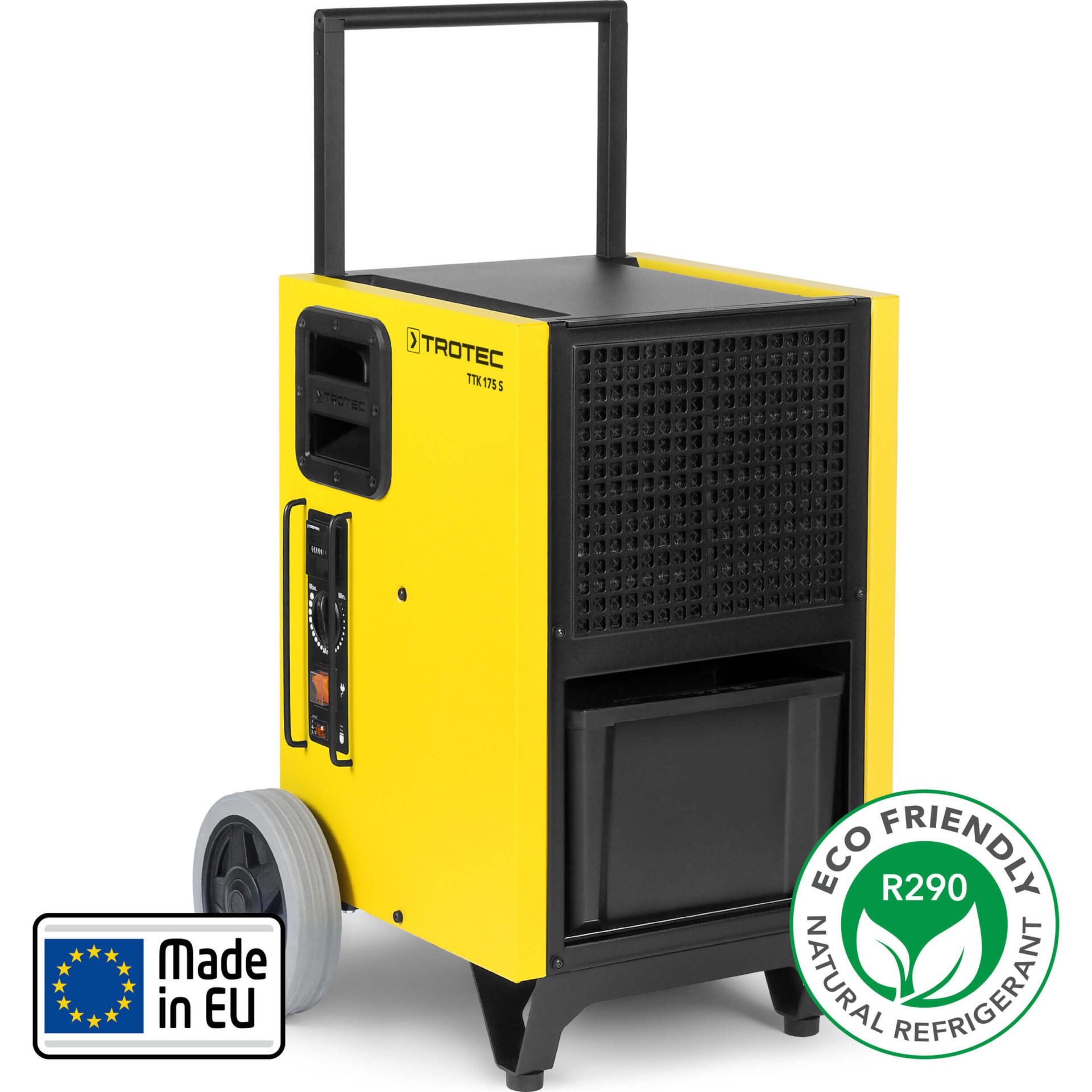 Gelber Luftentfeuchter TTK 175 S von Trotec mit Tragegriff und Rädern, ideal zur Beseitigung von Feuchtigkeit in großen Räumen. Made in EU.