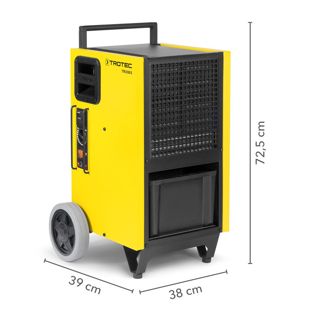 Gelber Luftentfeuchter TTK 355 S von Trotec mit Maßen: 72,5 cm Höhe, 39 cm Tiefe (mit Rad) und 38 cm Breite. Ideal für Bau und Gewerbe.