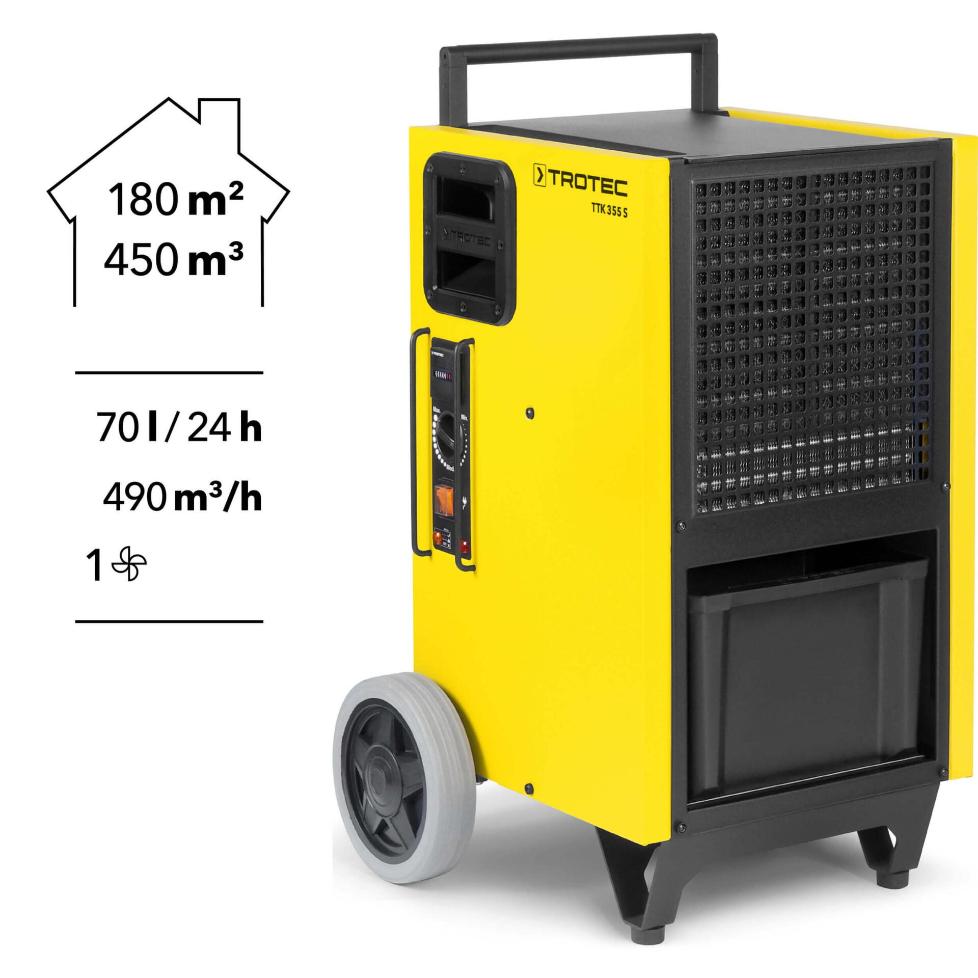 Gelber Luftentfeuchter TTK 355 S von Trotec. Leistungsstark für Räume bis 180m². Ideal zur Beseitigung von Feuchtigkeit. Bild 3 von 1120000163.