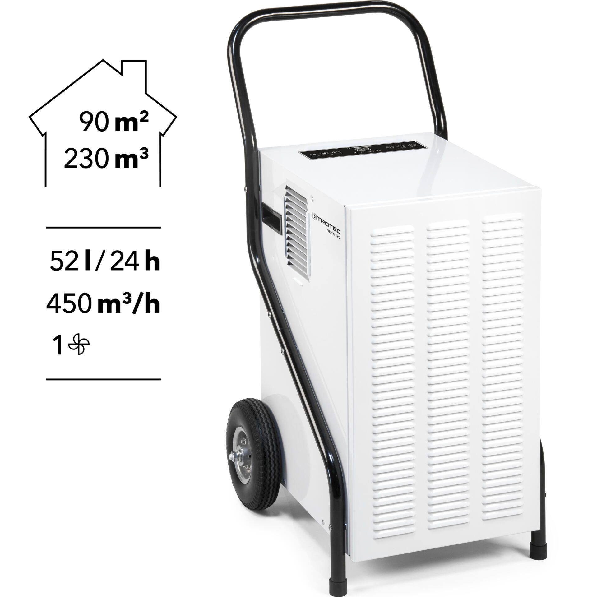 Weißer Luftentfeuchter TTK 171 ECO von Trotec mit Rollen und Griff. Ideal für Räume bis 90 m². Effiziente Raumentfeuchtung für Ihr Zuhause.