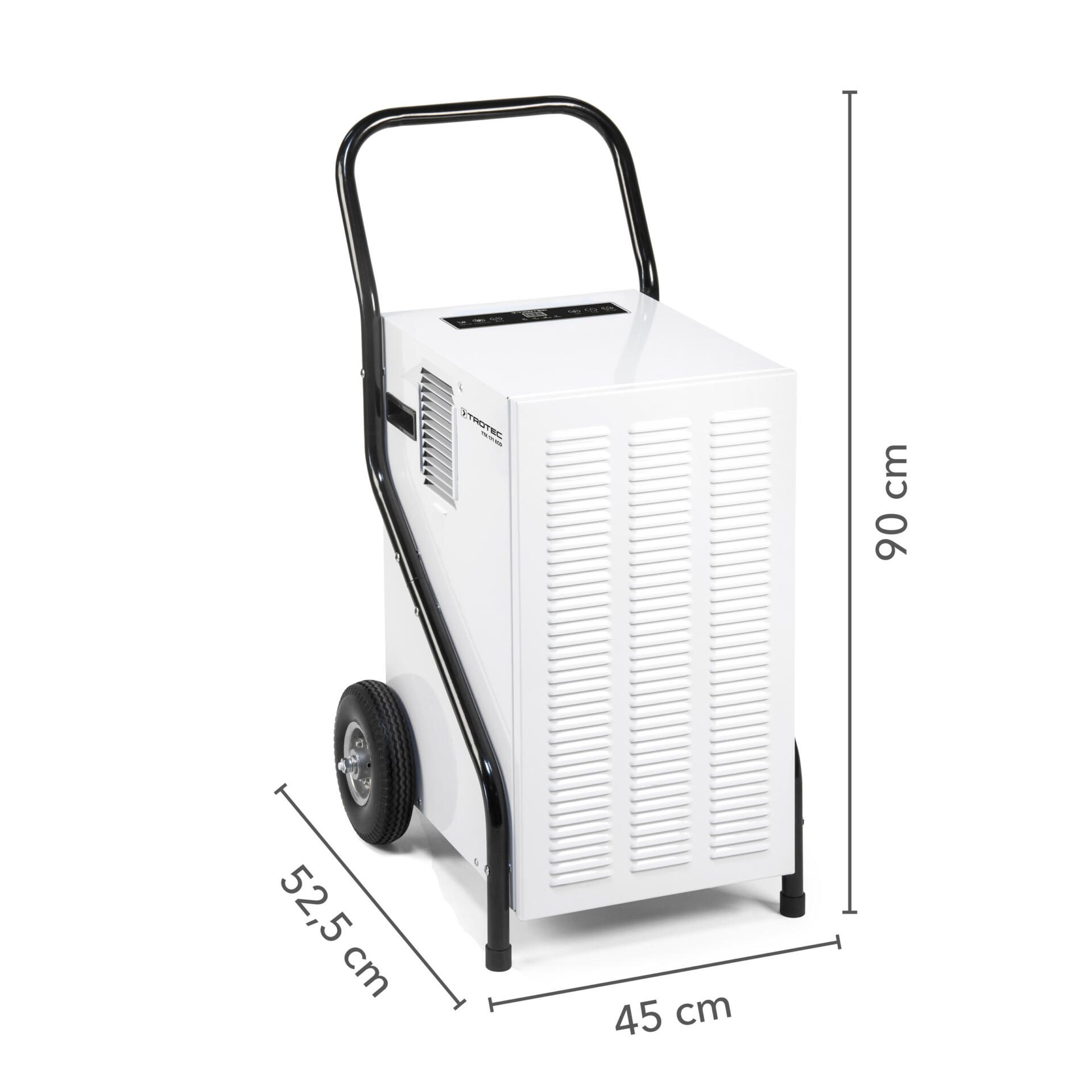 Luftentfeuchter TTK 171 ECO: Weißes Gerät mit Maßen (90x45x52,5 cm) und Griff für einfache Mobilität. Ideal für Räume mit hoher Luftfeuchtigkeit.