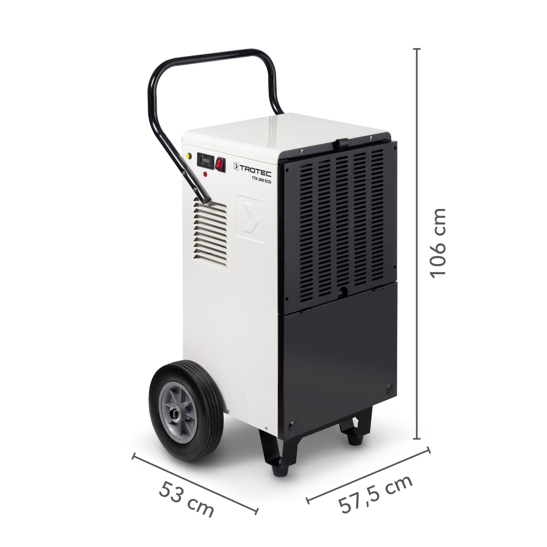 Der Gewerbe-Luftentfeuchter TTK 380 ECO von Trotec ist ein leistungsstarker Bautrockner mit Rollen für einfache Mobilität und Entfeuchtung.