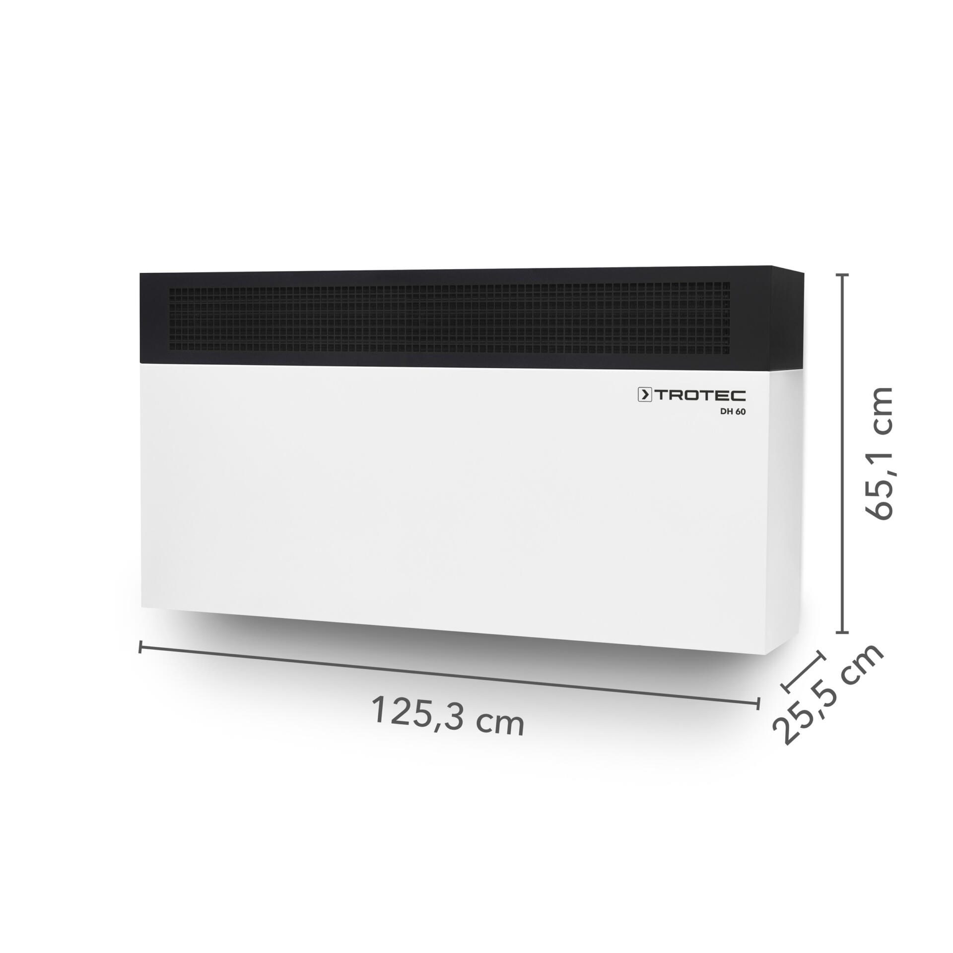 Detailaufnahme Industrieentfeuchter DH 60: Weiße Front, schwarzer Lüftungsschlitz. Maße 125,3 x 65,1 x 25,5 cm. Ideal für hohe Luftfeuchtigkeit.