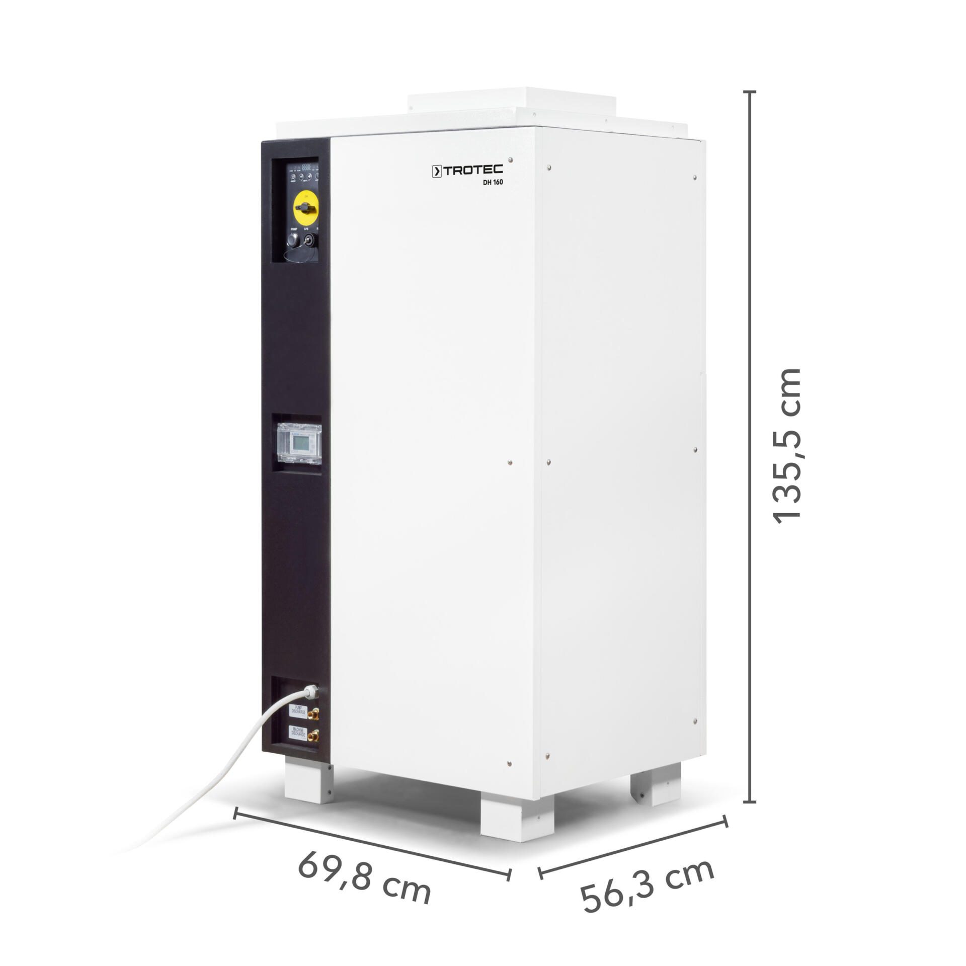 Industrieentfeuchter DH 160 BX von Trotec: Leistungsstarkes Gerät zur Entfeuchtung in Industrie und Gewerbe. Abmessungen sind auch dargestellt.