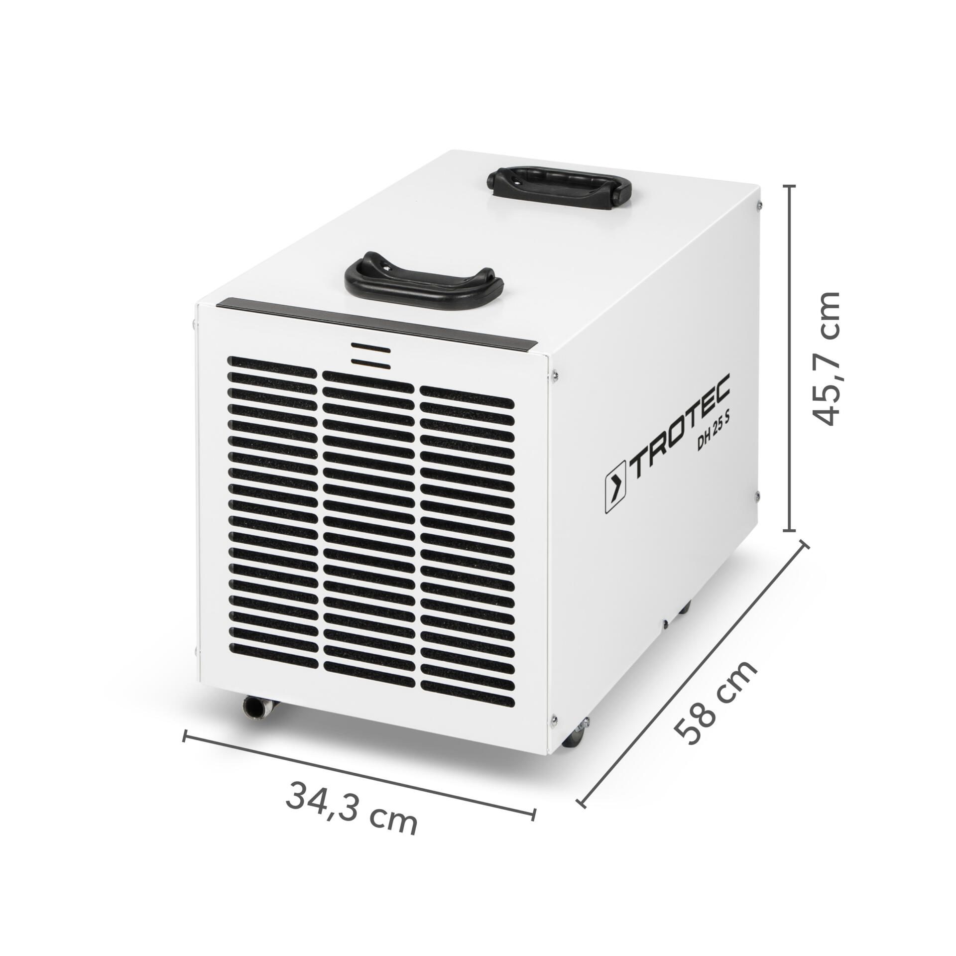 Industrie-Kondenstrockner DH 25 S: Detailansicht des Geräts mit Maßangaben. Ideal für Bauentfeuchtung und Trocknung in Industrie und Gewerbe.