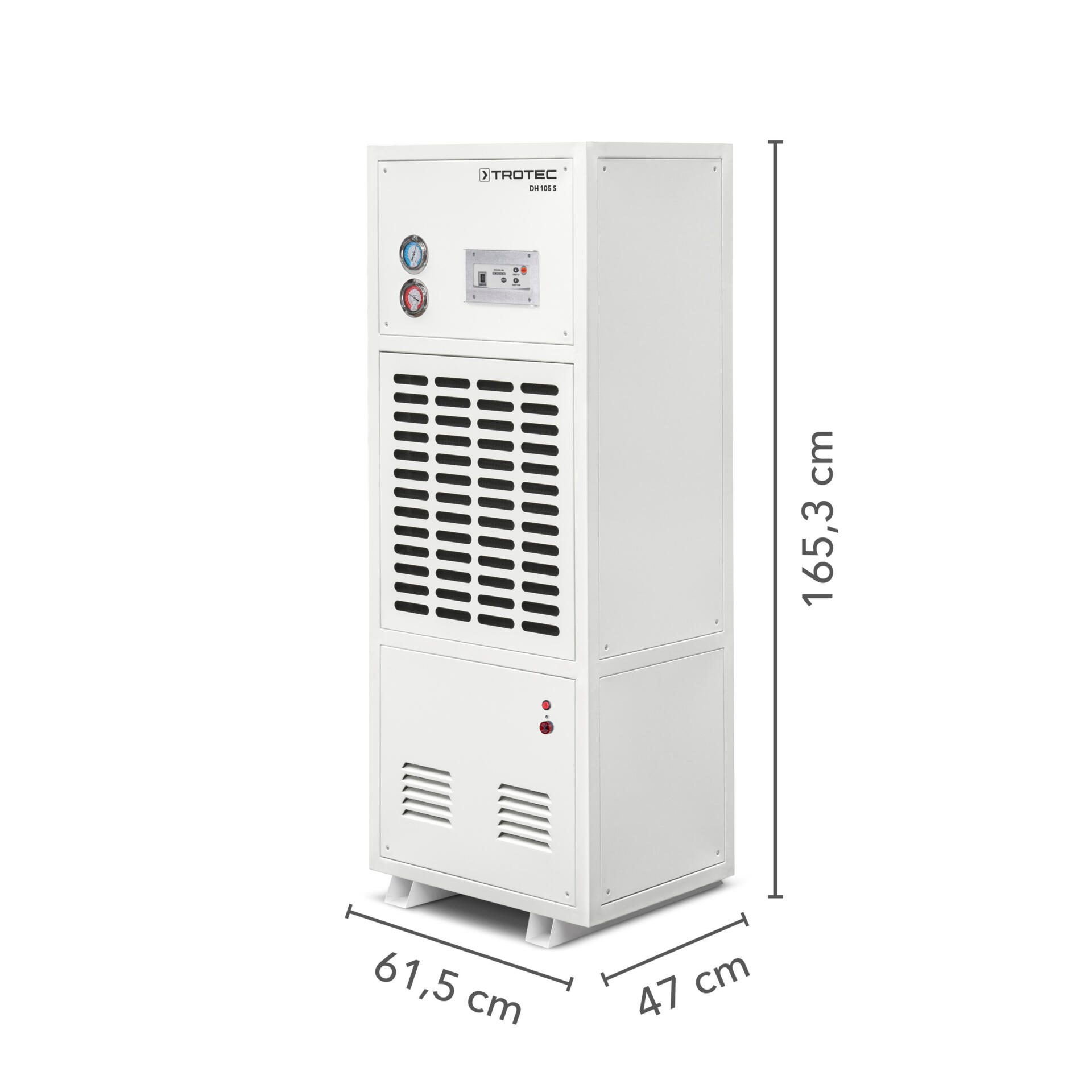 Detailaufnahme eines Trotec Industrie-Kondenstrockners DH 105 S mit Maßangaben. Ideal für Bautrocknung und Luftentfeuchtung in Industrie und Gewerbe.
