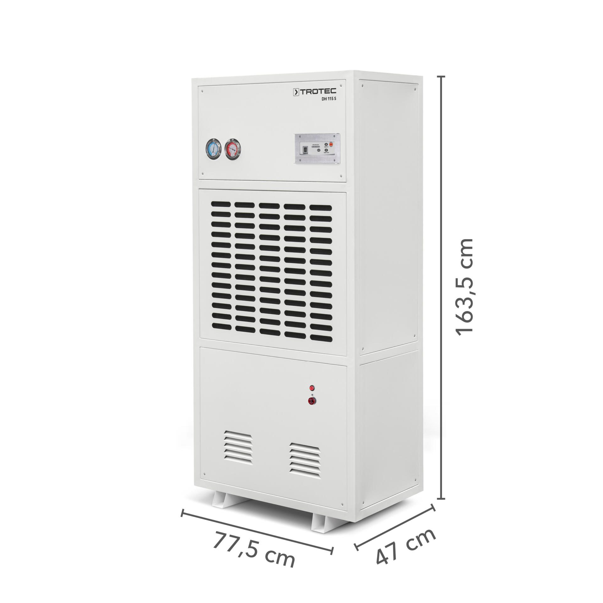 Detailaufnahme eines weißen Trotec Industrie-Kondensationstrockners DH 115 S mit Maßangaben. Ideal für Bautrocknung und Schadensbehebung.