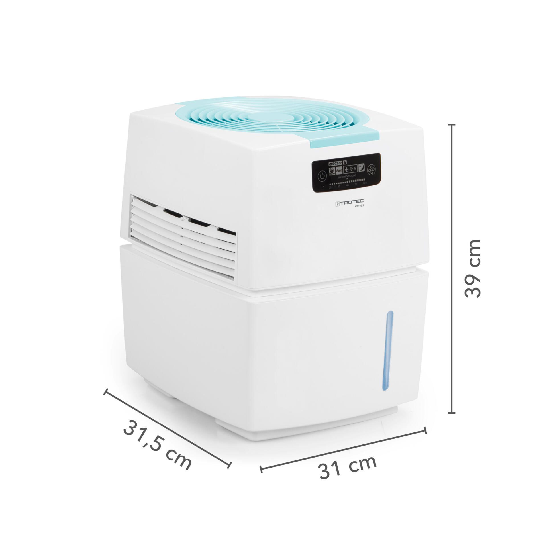 Luftwäscher Airwasher AW 10 S: Das Bild zeigt den Luftreiniger in Weiß, mit den Maßen 39 cm Höhe und 31,5 x 31 cm Breite und Tiefe.