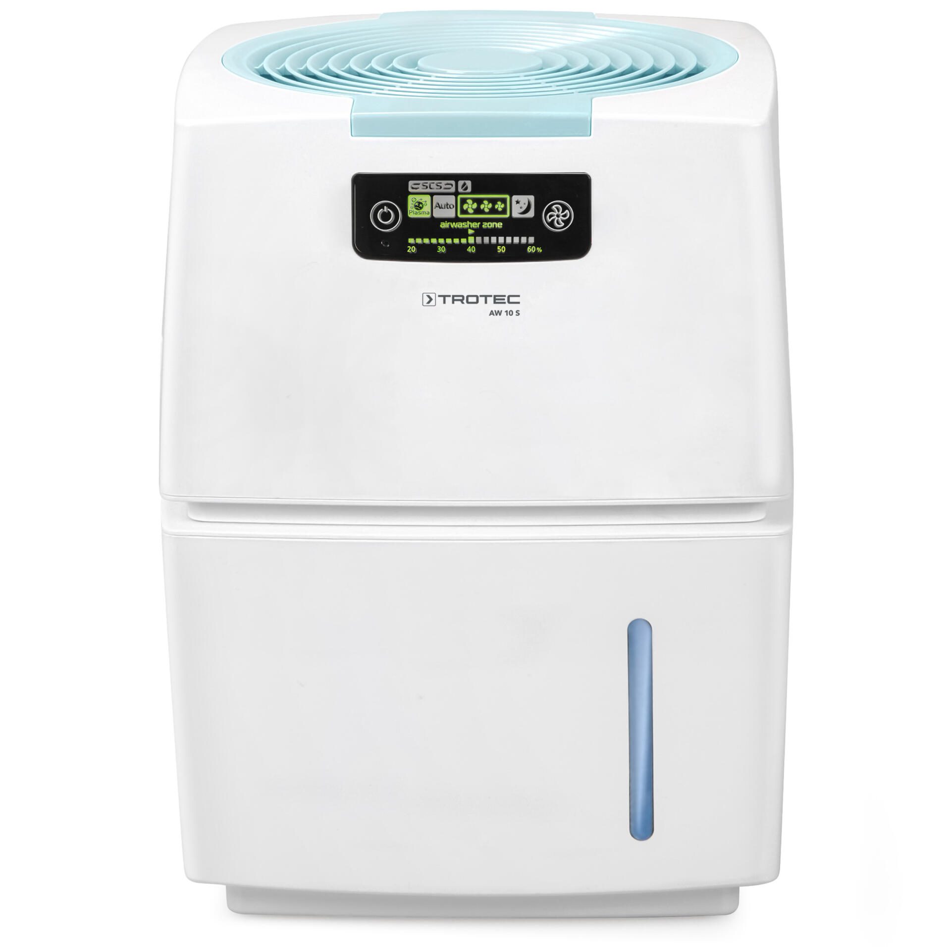 Luftwäscher Airwasher AW 10 S: Das Bild zeigt das Gerät in Weiß mit blauem Akzent. Ideal für saubere, befeuchtete Luft im Raum.