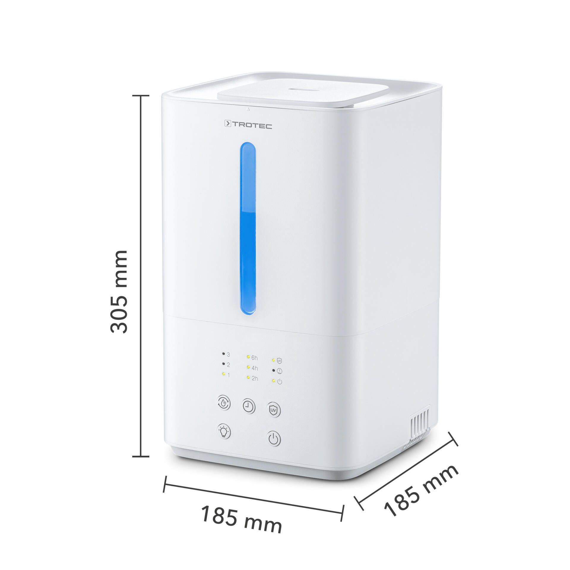Weißer Ultraschall-Luftbefeuchter B-3 E von Trotec mit Füllstandsanzeige und Maßen. Ideal für ein angenehmes Raumklima. Luftbefeuchter Detailansicht.