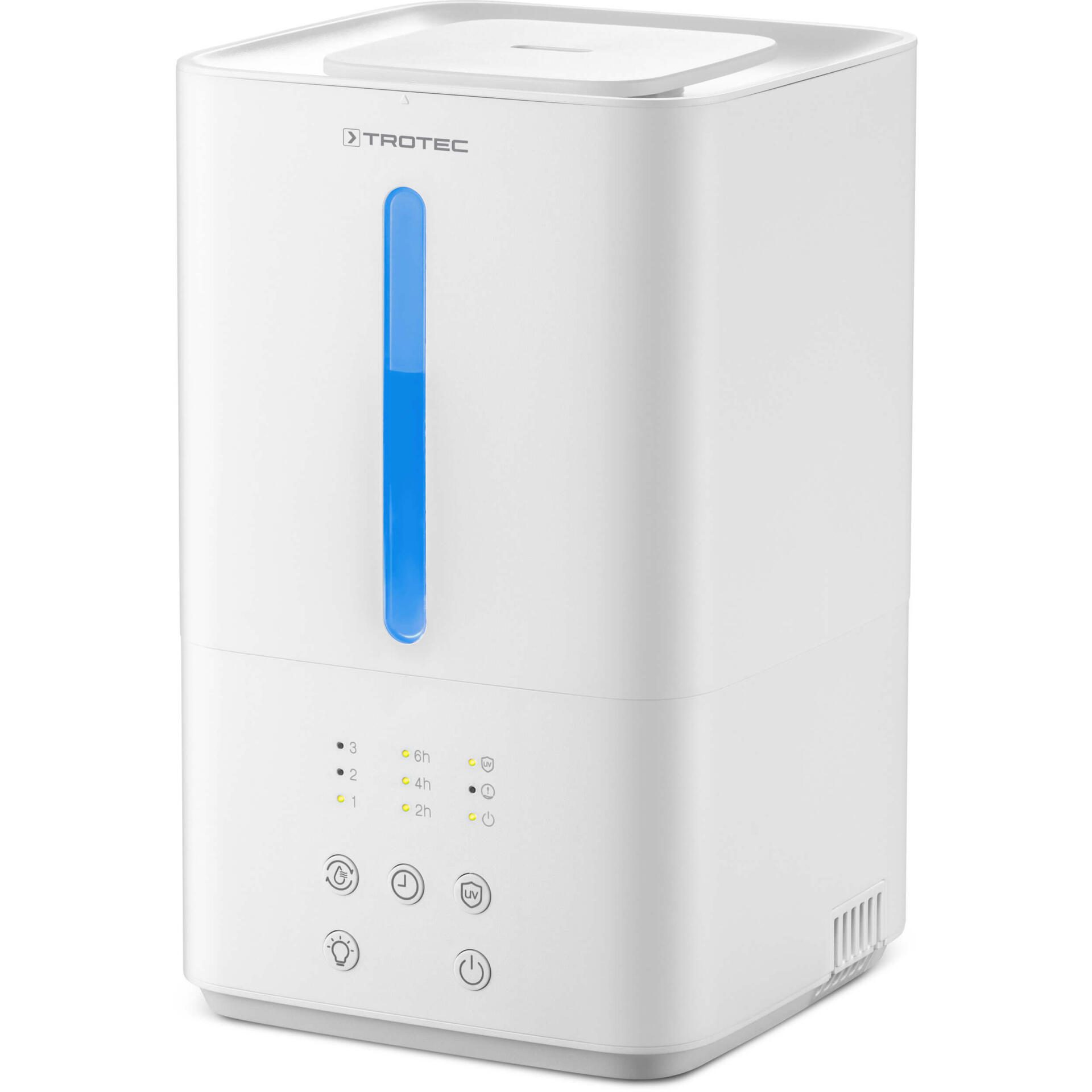 Weißer Ultraschall-Luftbefeuchter B 3 E von Trotec. Ideal für ein angenehmes Raumklima. Luftbefeuchter mit Füllstandsanzeige und Bedienelementen.