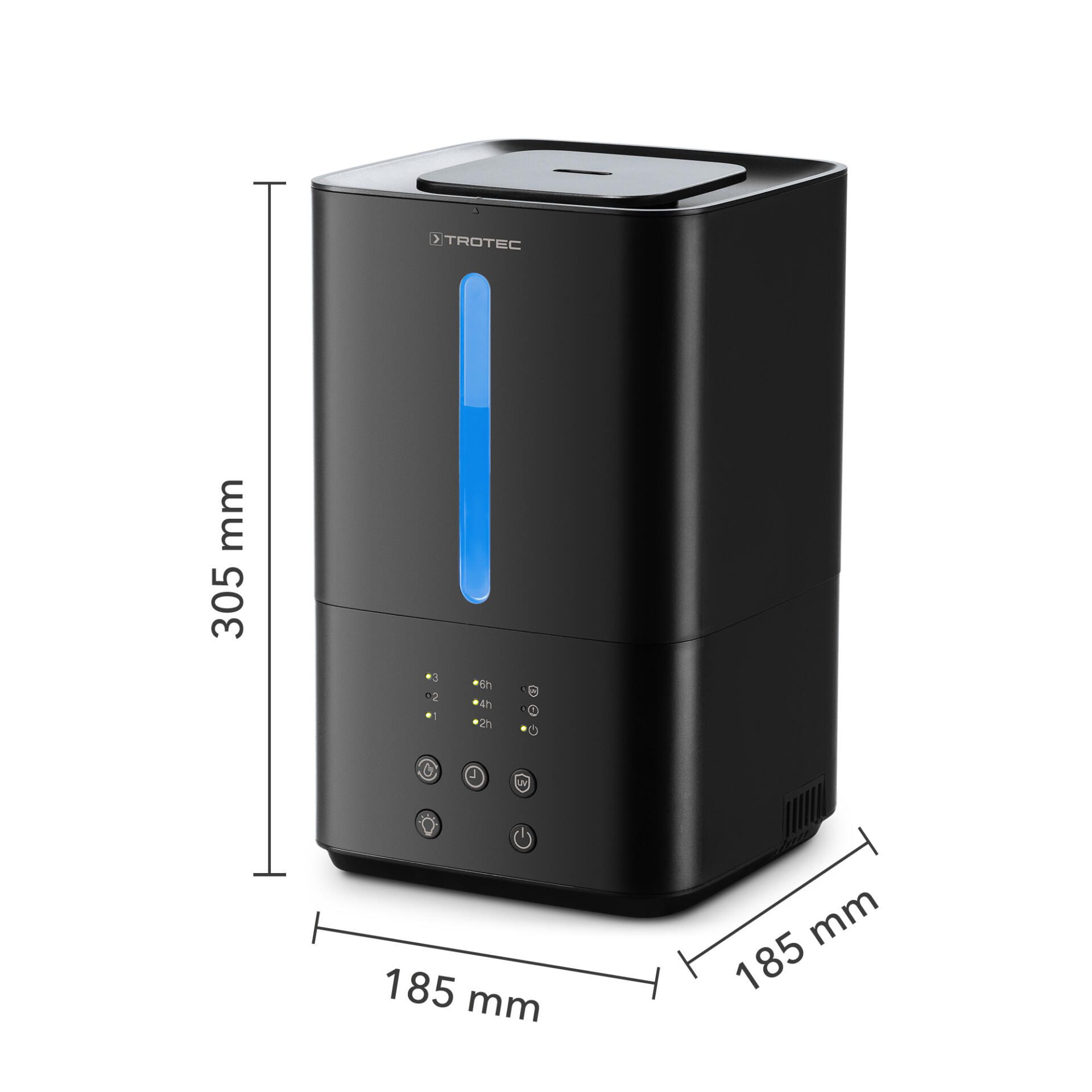 Schwarzer Ultraschall-Luftbefeuchter B-4 E von Trotec mit blauer Füllstandsanzeige und Maßen 305mm Höhe und 185mm Breite zur Verbesserung der Raumluft.