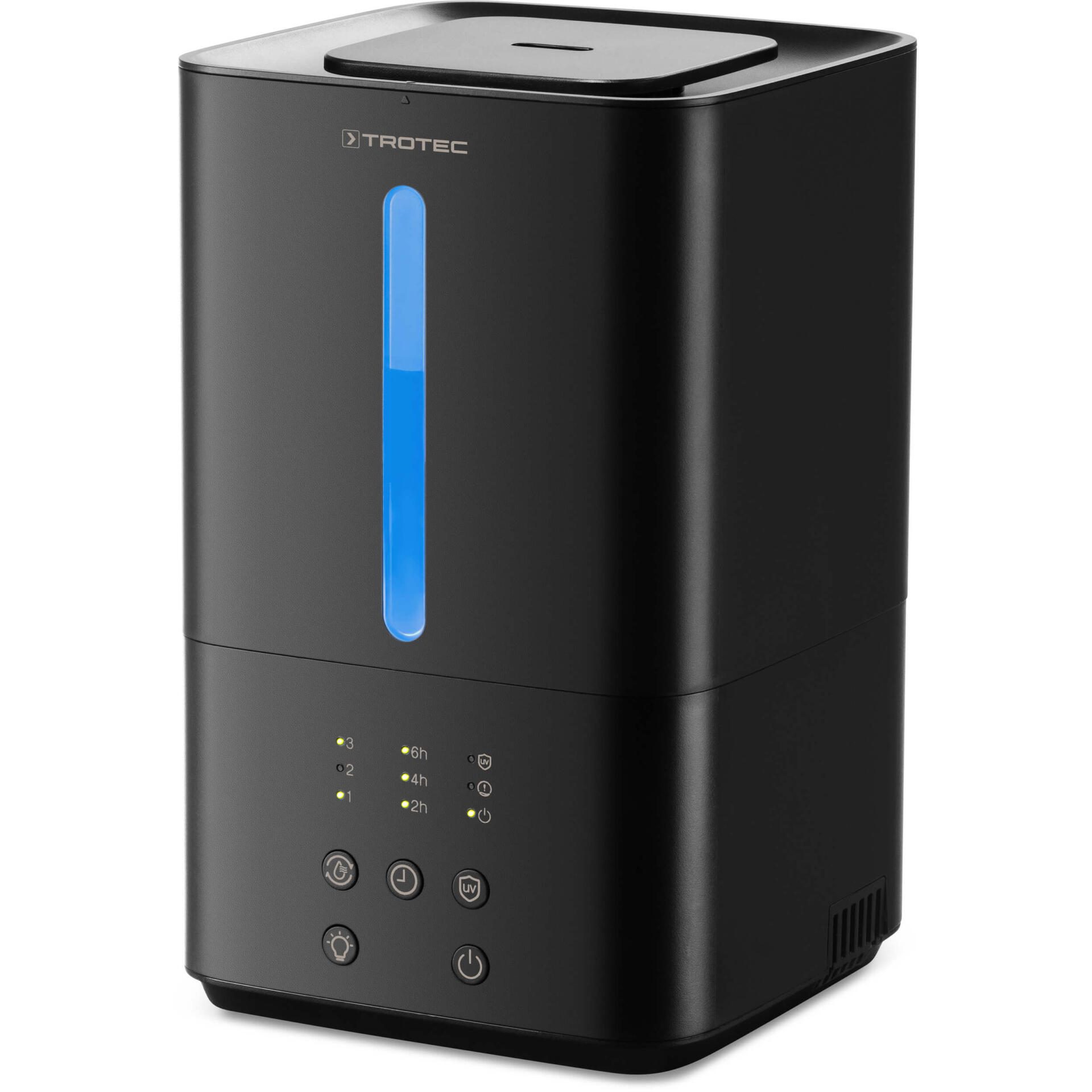 Schwarzer Ultraschall-Luftbefeuchter B-4-E von Trotec. Ideal für ein besseres Raumklima und gesunde Luftfeuchtigkeit im Haus. Luftbefeuchtung.