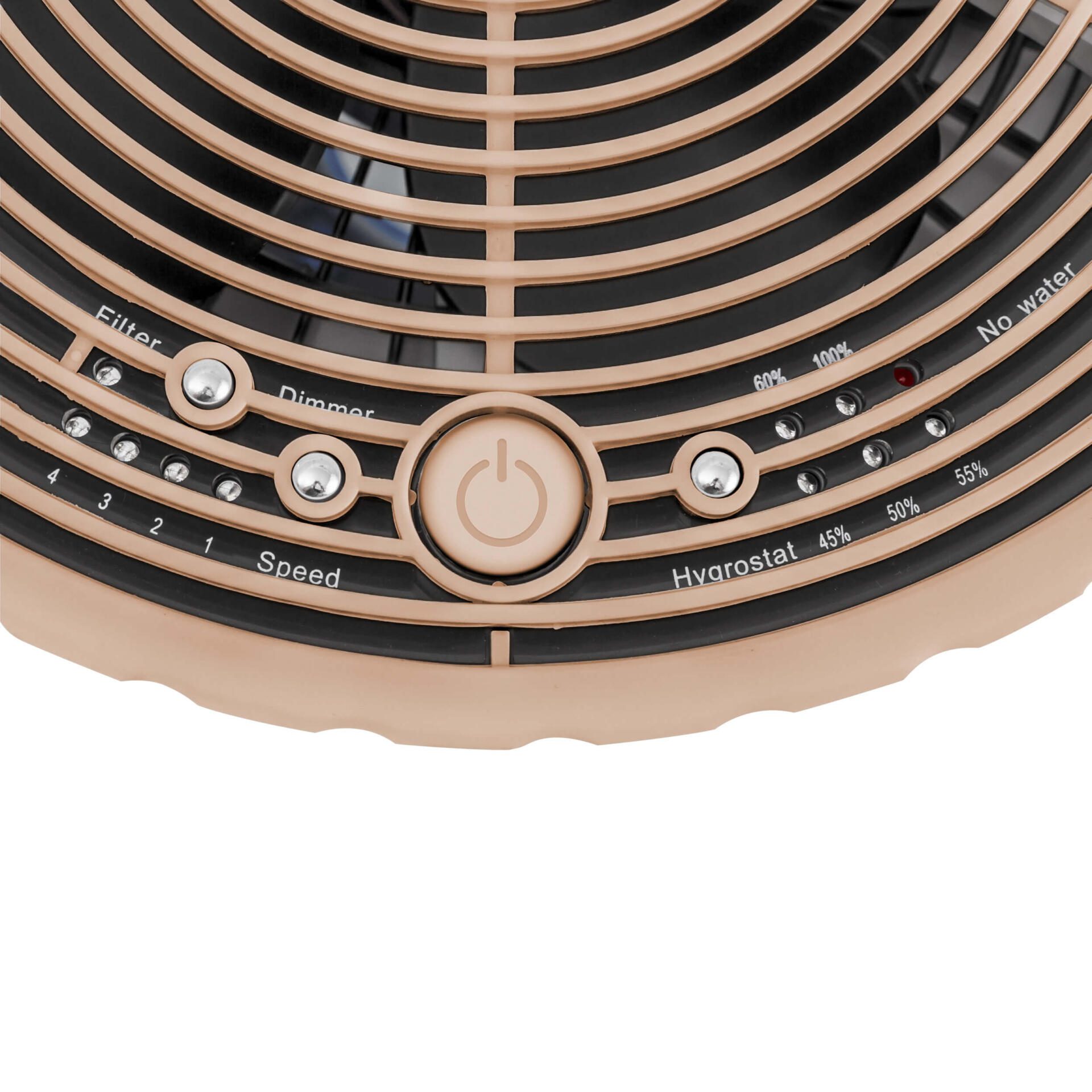 Design Verdunstungs-Luftbefeuchter B-24-E Detail: Bedienelemente für Filter, Dimmer, Geschwindigkeit, Hygrostat & Wasserstandsanzeige.