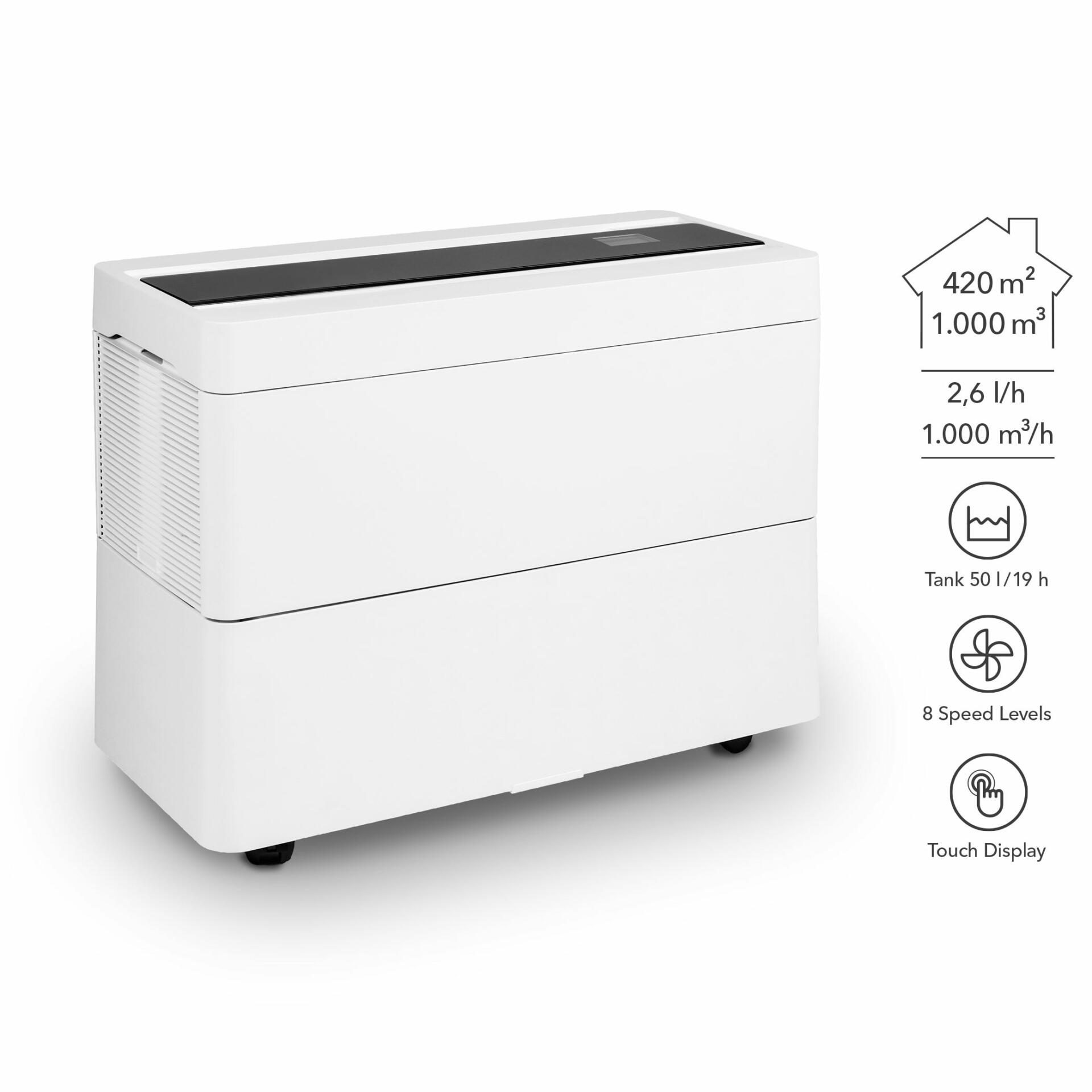 Verdunstungs-Luftbefeuchter B-600 mit UV-Entkeimung: Weißes Gerät mit Touch Display, 8 Geschwindigkeiten, Tank 50l, für 420m². Bild 3.