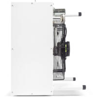 Detailaufnahme eines weißen PortaTemp-S Wärmetauschers. Kühlgerät mit Ventilator und Anschlüssen. Ideal für präzise Temperierung.