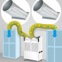 PortaTemp-23000-S Spot Cooling Aufsatz: Illustration zeigt mobiles Klimagerät mit Abluftschläuchen und Aufsätzen für gezielte Kühlung.