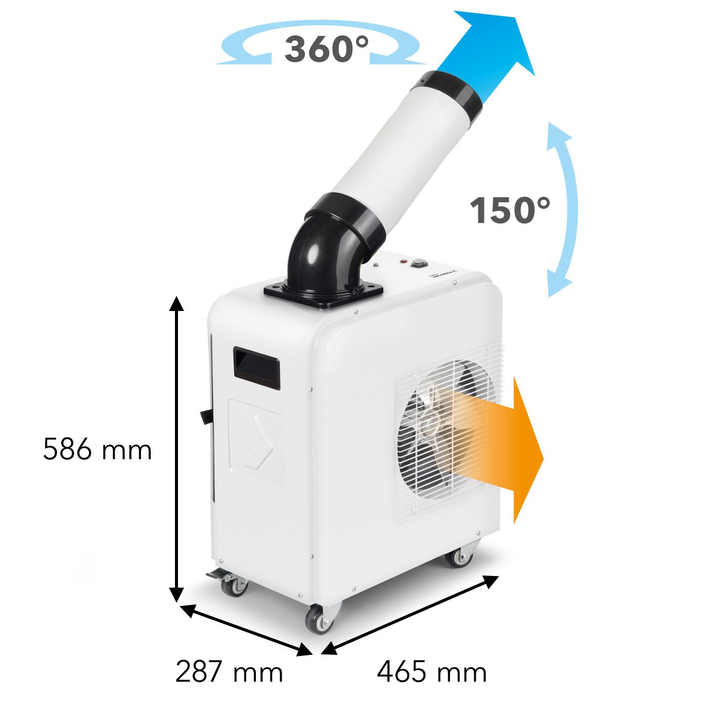 Spotcool Klimagerät PT-2000-SP: Mobiles Klimagerät mit flexibler Kühlrichtung (360°/150°). Abmessungen: 586x287x465 mm. Ideal für punktuelle Kühlung.