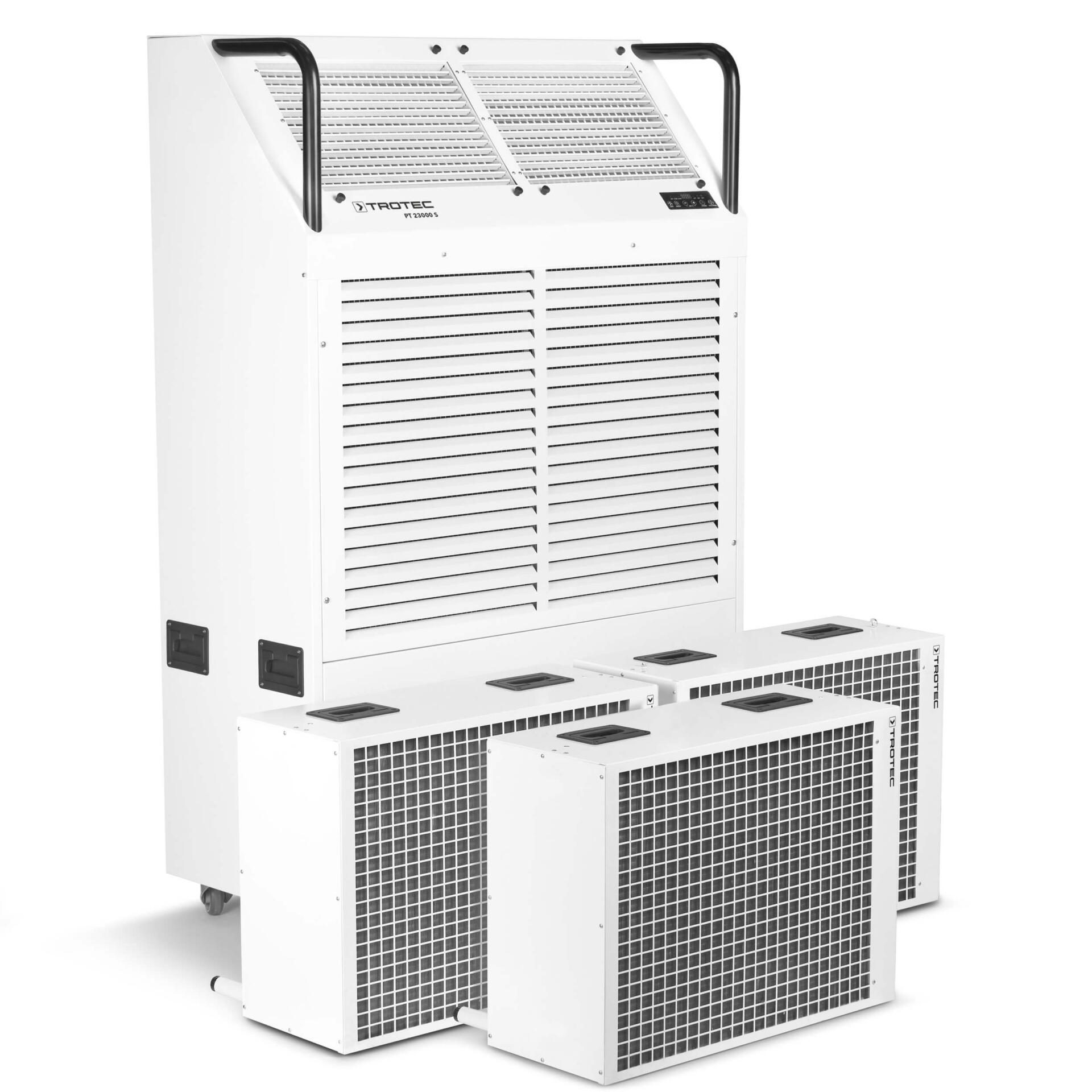 Weißes Gewerbe-Klimagerät PT 23000 S von Trotec. Mobile Klimaanlage für den professionellen Einsatz mit mehreren Luftauslässen. Kühlung!