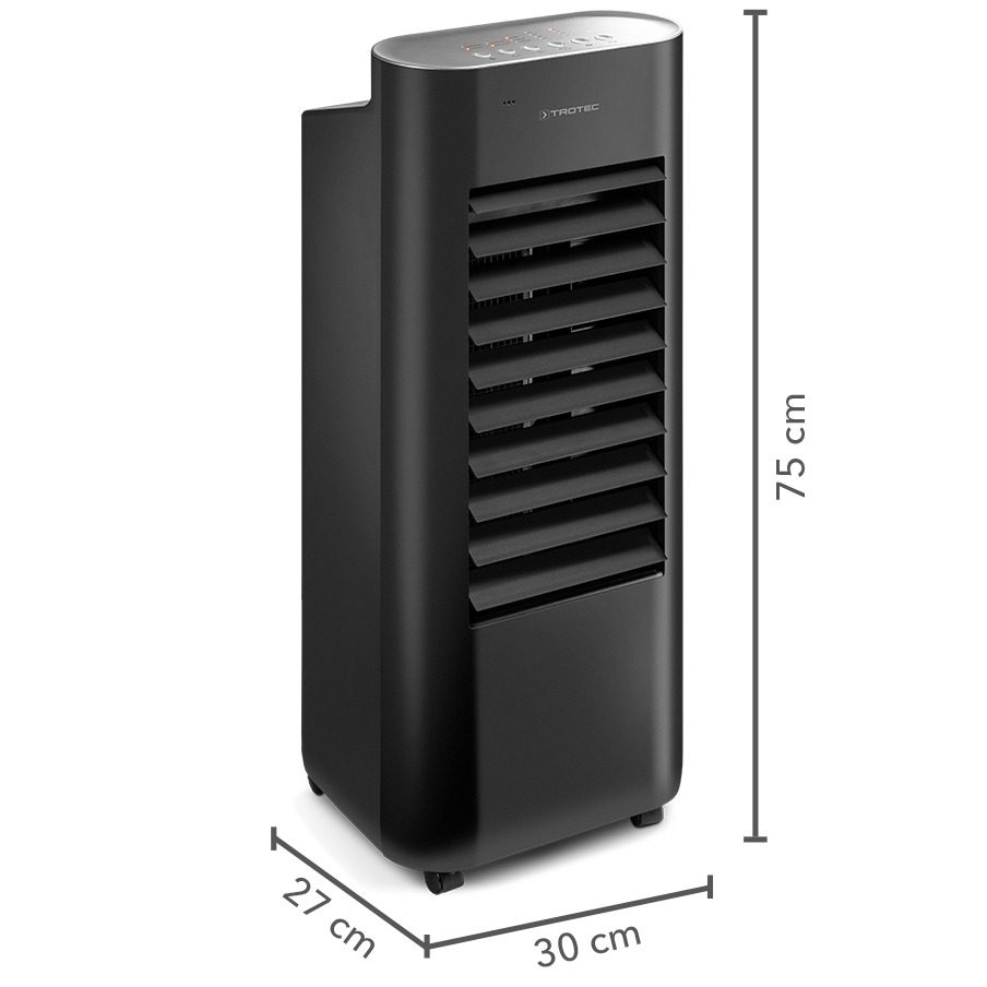 Design Aircooler Luftkühler: Schwarzer Trotec Luftbefeuchter und Ventilatorkühler mit Maßen 75x27x30 cm für optimale Kühlung und Luftverbesserung.