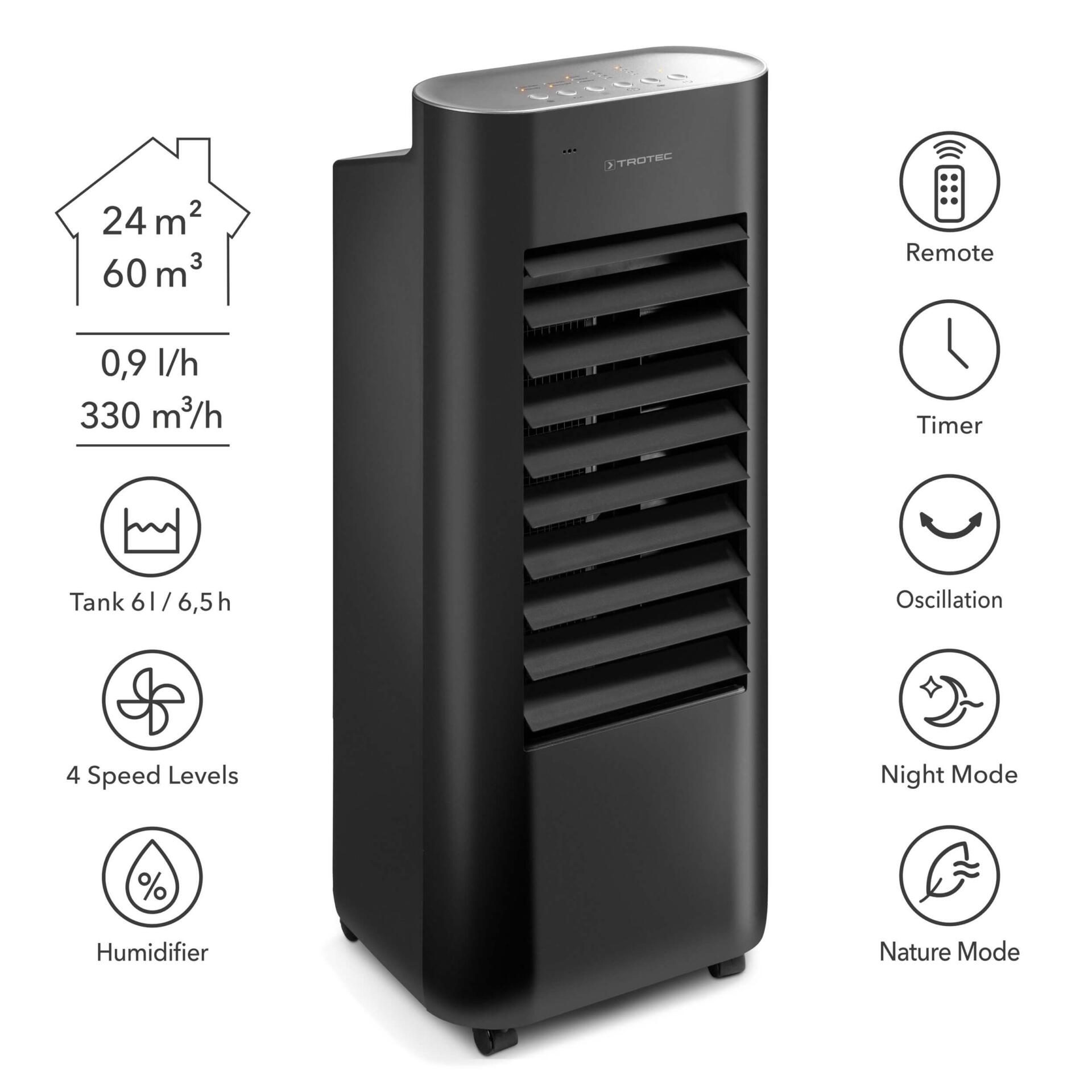 Schwarzer Design Aircooler Luftkühler Luftbefeuchter Ventilatorkühler mit Anzeige für Tank, Timer, Nachtmodus und Geschwindigkeitsstufen.