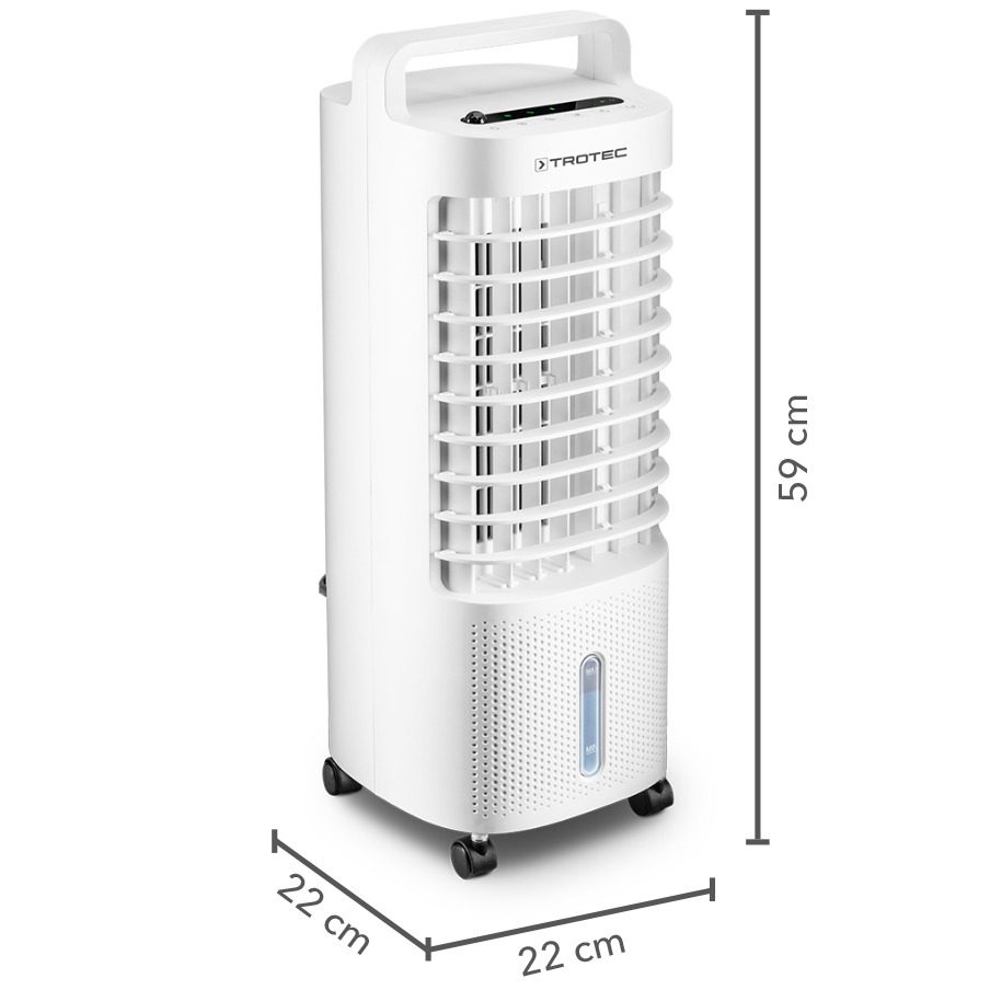Weißer Trotec PAE 11 Aircooler mit Maßangaben (59cm Höhe, 22cm Breite) für Luftkühlung, Luftbefeuchtung und Ventilation. Ventilatorkühler Detail.
